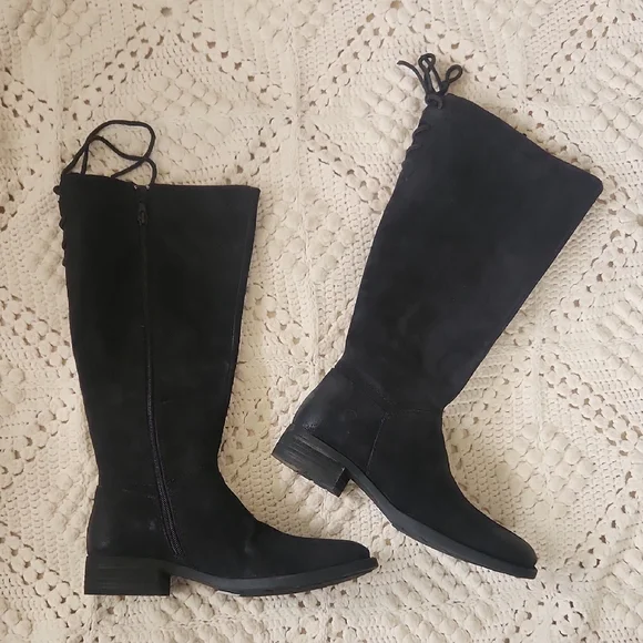 Born Hayden Black Suede Knee High Boot Lace Back Women's Size 8